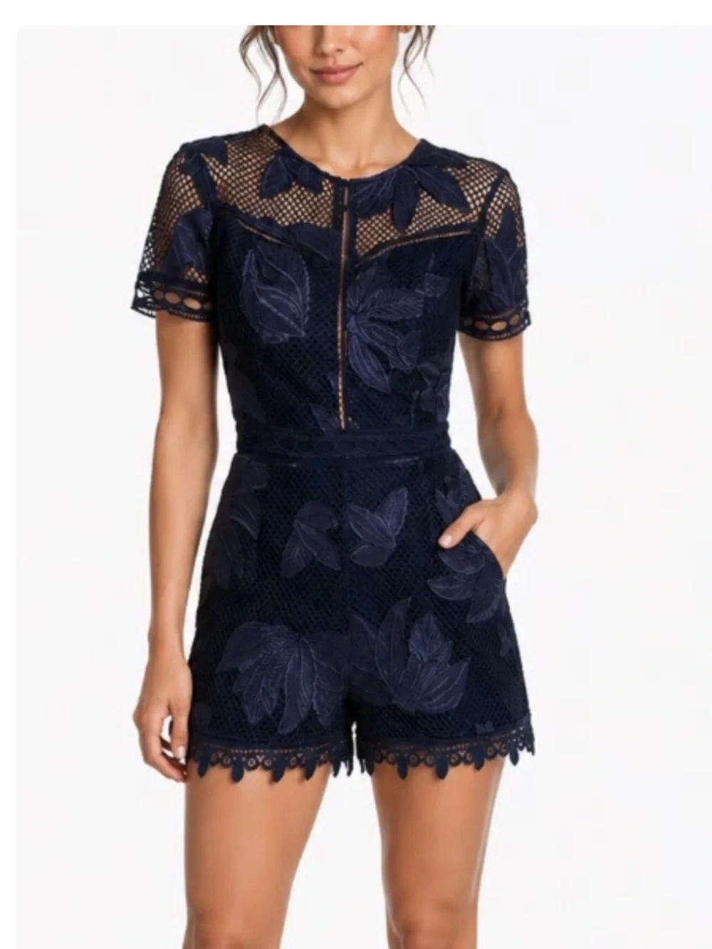 Brand New-Adelyn Rae Illusion Lace Romper in midnight/navy blue